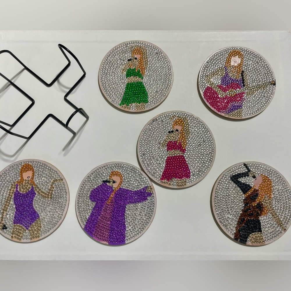 Handmade Taylor Swift Inspired Diamond Art DIY 6 Coaster Set W/ Holder, New